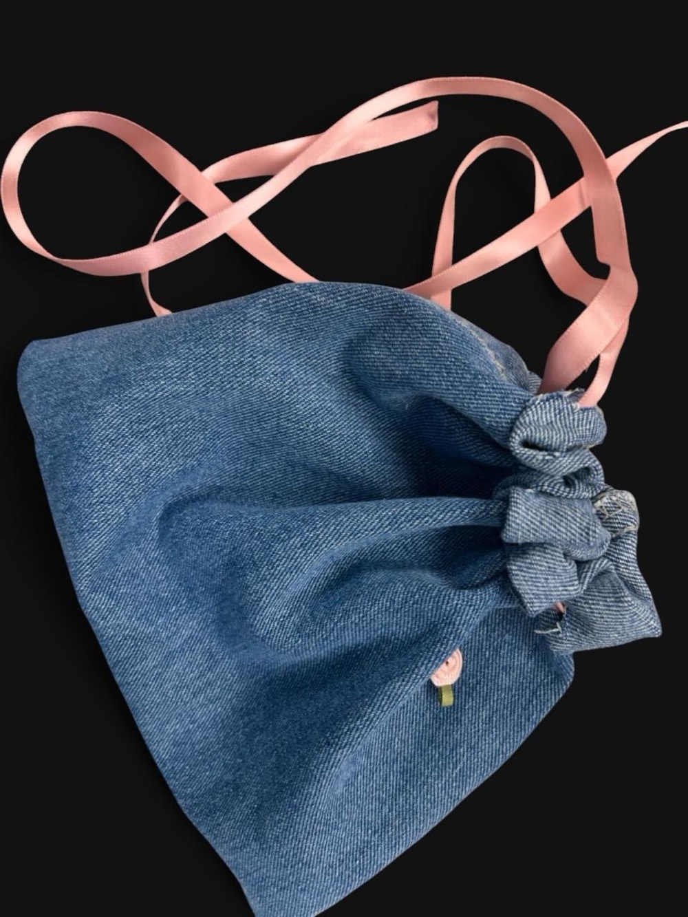 Denim Drawstring Pouch with Pink Satin Ribbon
